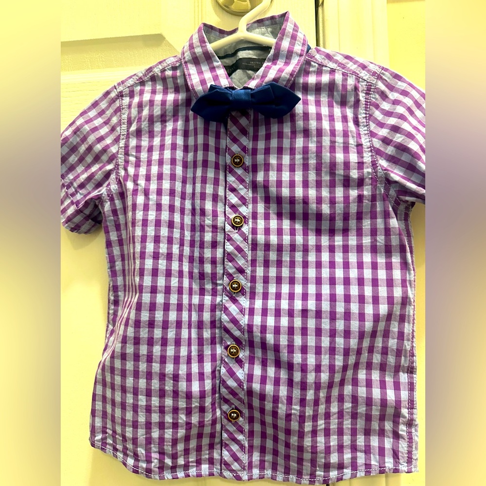 🌸LIKE TO GET 30% OFF🌸 NEXT DIRECT • Boys’ Purple Checkered Kids Shirt w Bow Tie